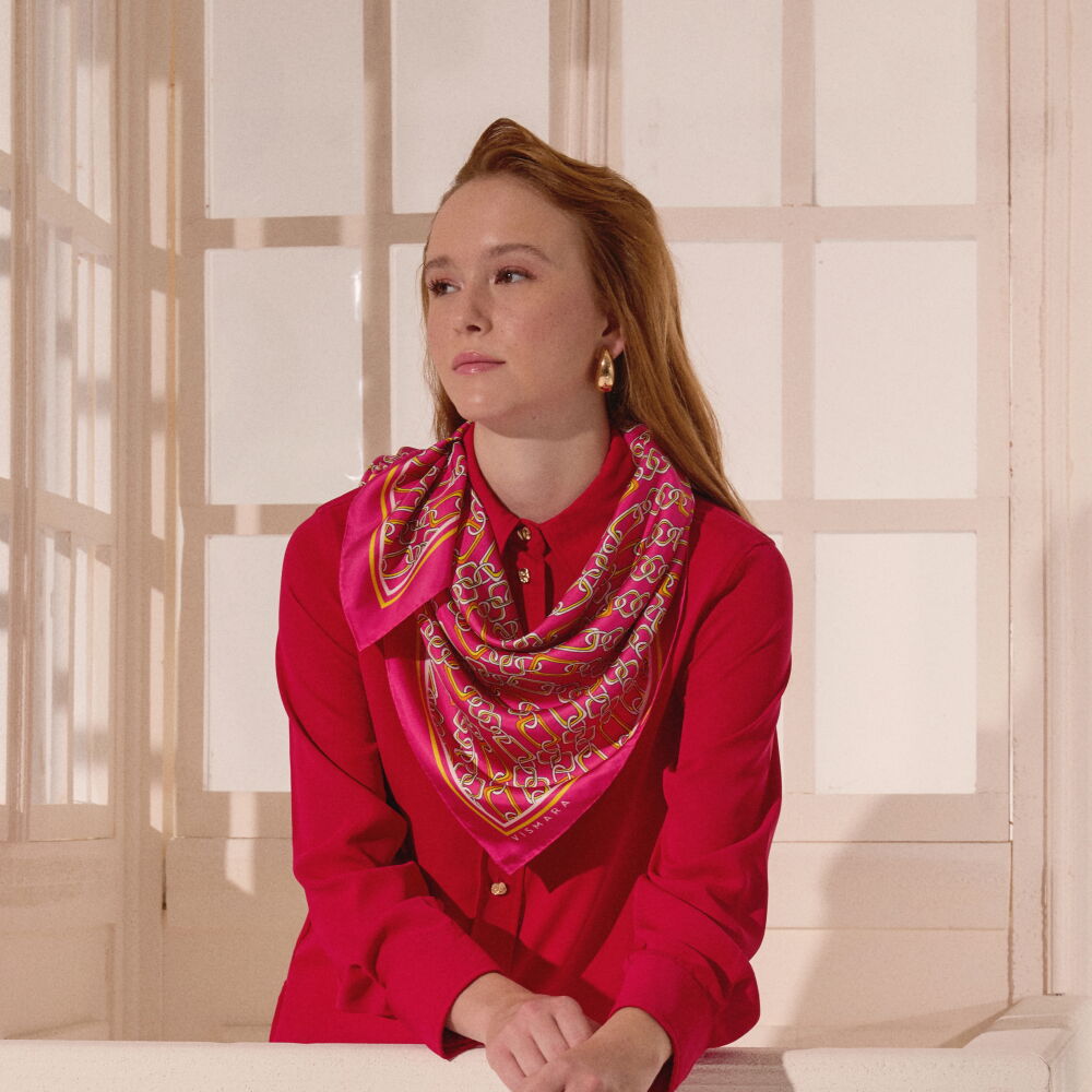 Pink Modern Chain Pattern Twill Silk Square Scarf - Vismara