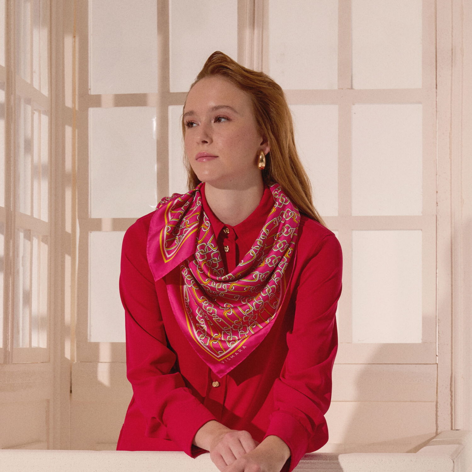 Pink Modern Chain Pattern Twill Silk Square Scarf - 3