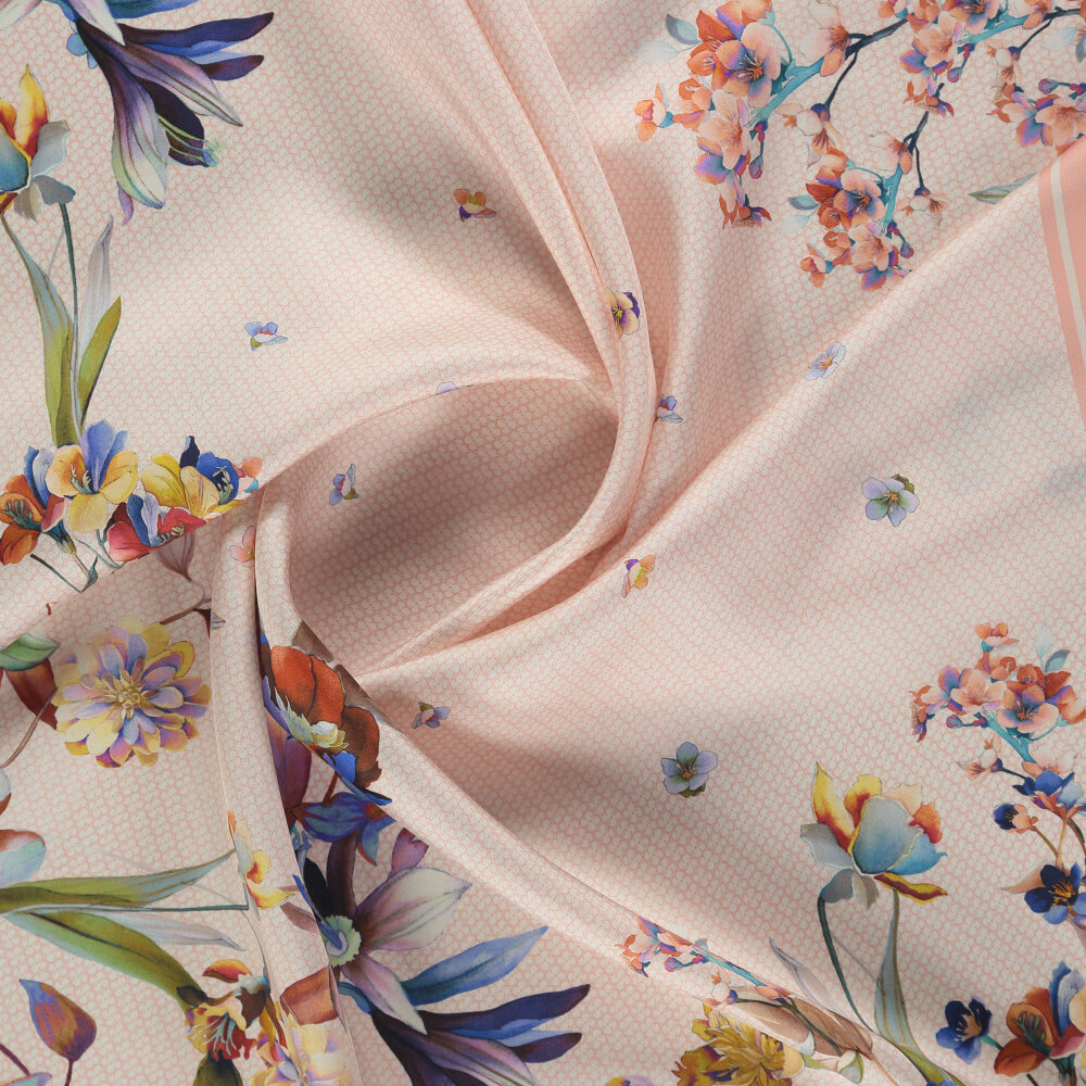 Pink Monogram Flower Garden Patterned Silk Square Scarf - 2