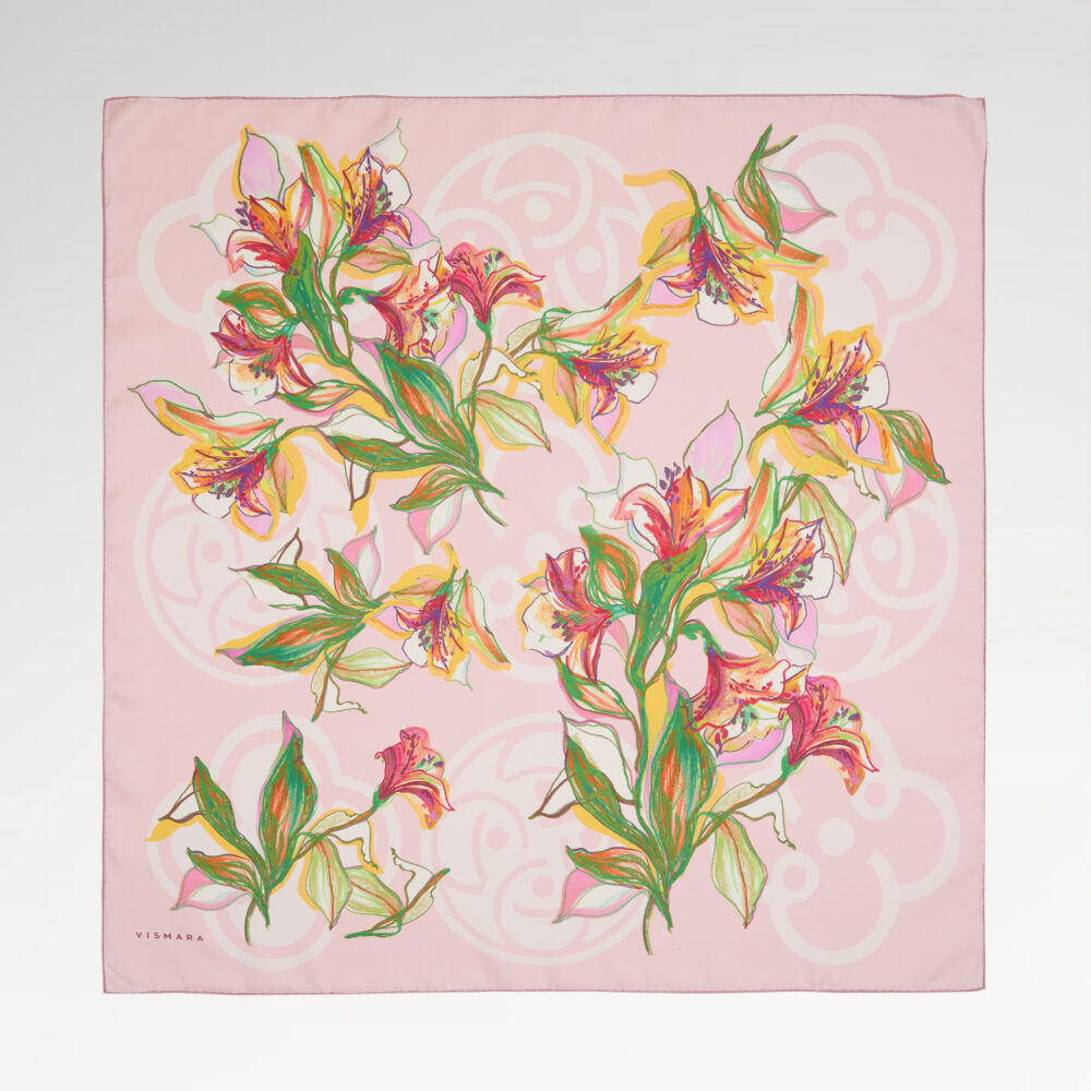 Pink Vismara Monogram Lily Flower Patterned Twill Silk Square Scarf