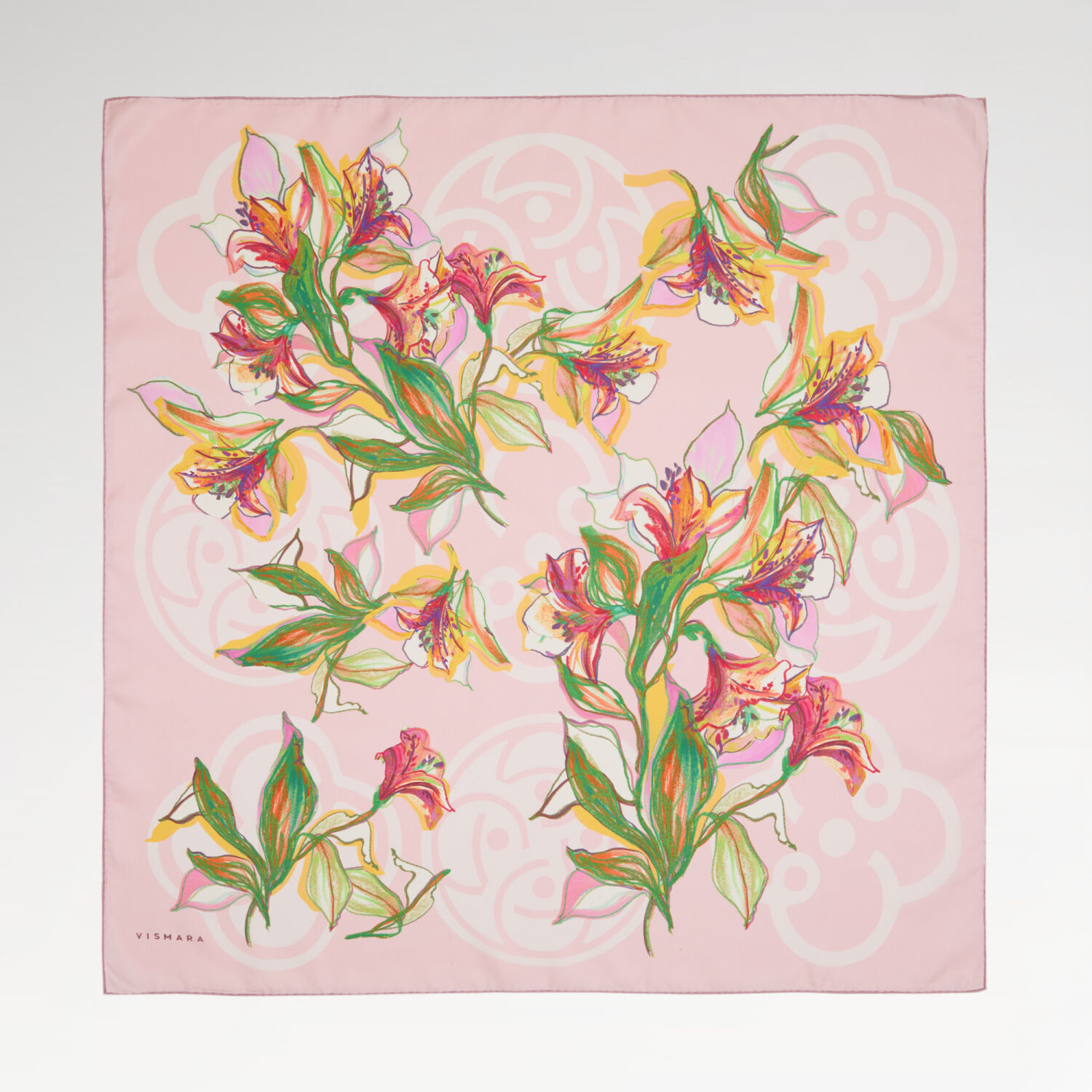 Pink Vismara Monogram Lily Flower Patterned Twill Silk Square Scarf - 1