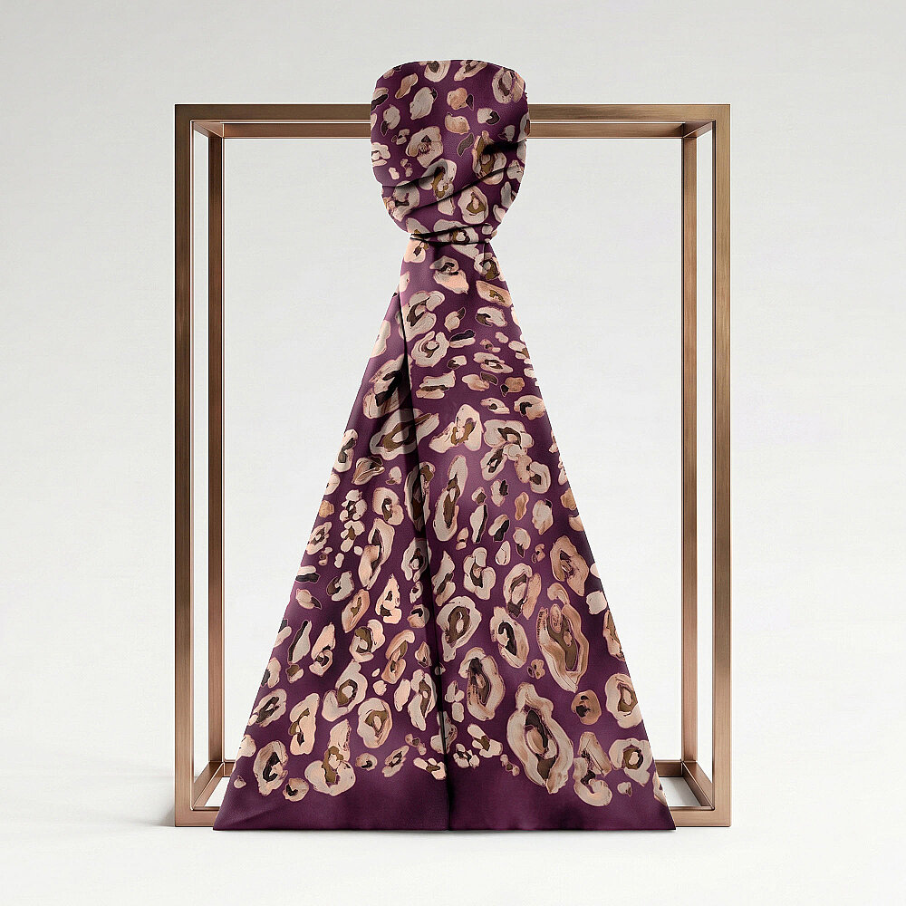 Plum Classic Panther Pattern Silk Scarf - 1