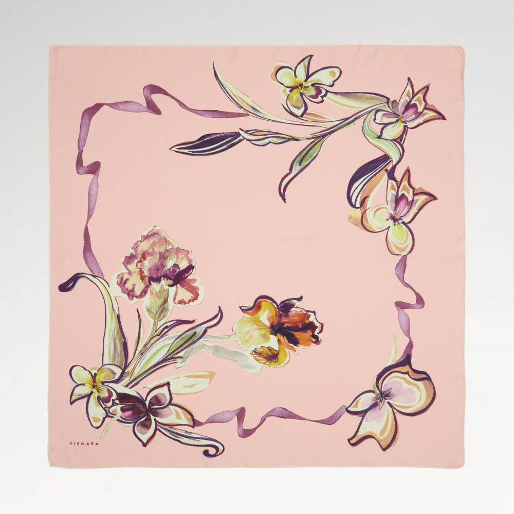 Powder Carnation and Lily Flower Patterned Twill Silk Square Scarf