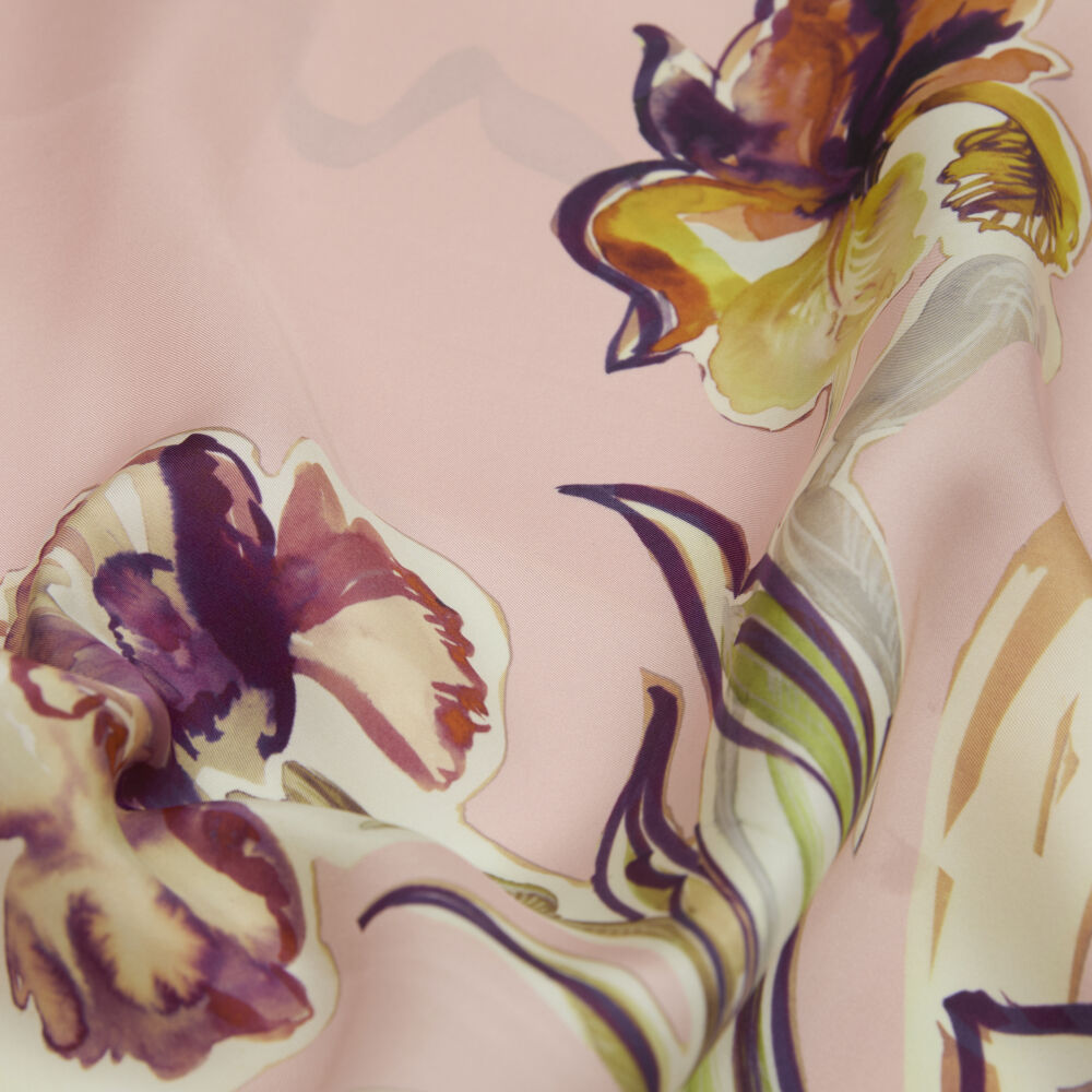 Powder Carnation and Lily Flower Patterned Twill Silk Square Scarf - Vismara