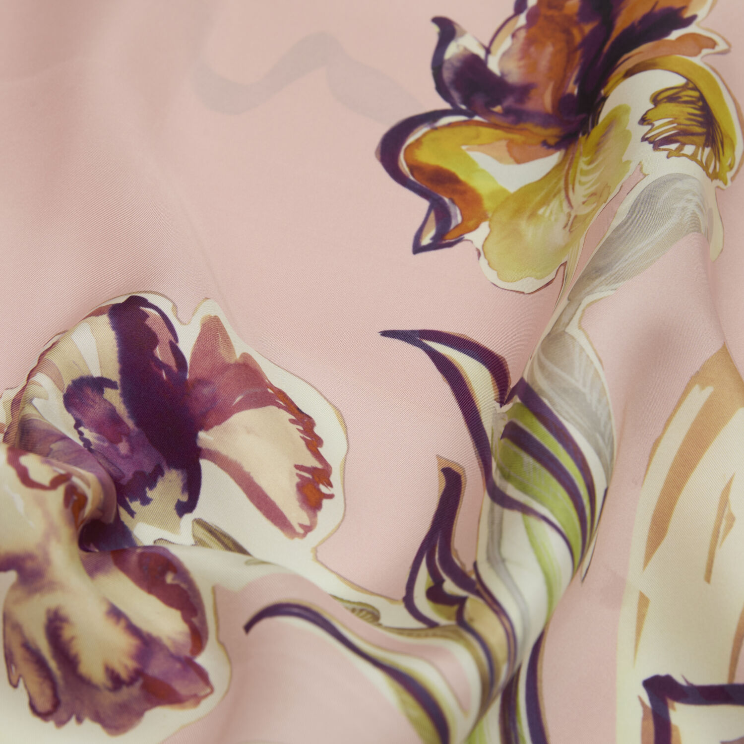 Powder Carnation and Lily Flower Patterned Twill Silk Square Scarf - 2