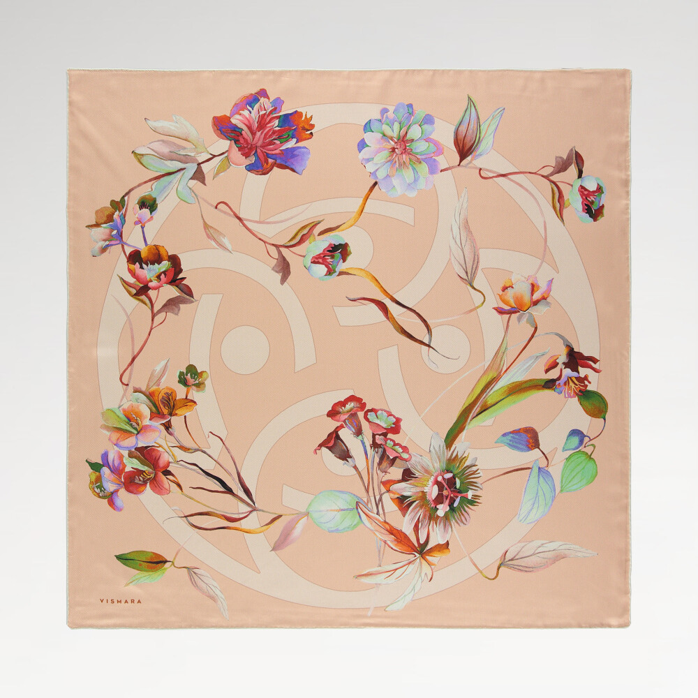 Powder Flora Symbol Pattern Twill Silk Square Scarf