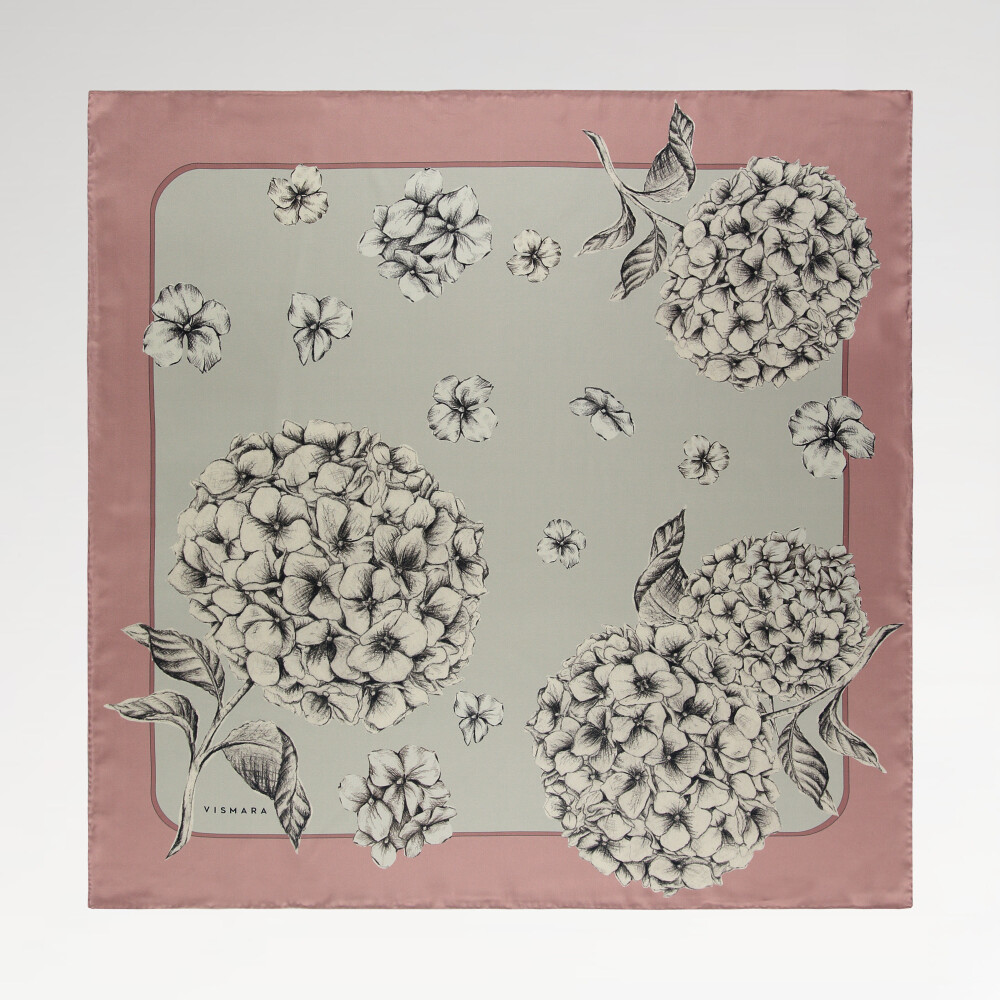 Powder Hydrangea Flower Patterned Twill Silk Square Scarf
