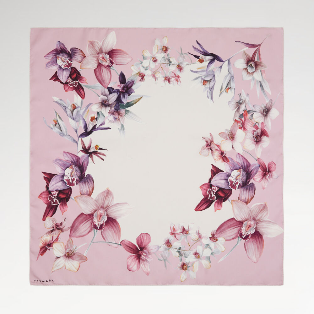 Powder Orchid Flower Patterned Twill Silk Square Scarf