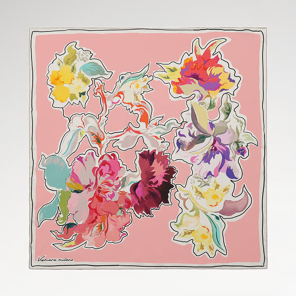 Powder Pink Abstract Flora Pattern Twill Silk Square Scarf - 1