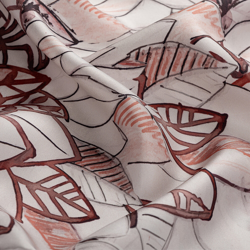 Powder Pink Floral Leaf Pattern Twill Silk Square Scarf - 2