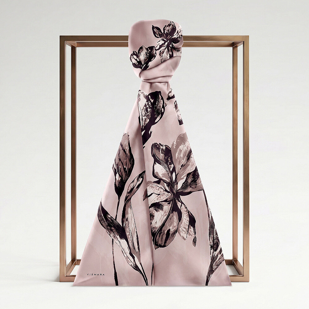 Powder Pink Pencil Drawing Lily Pattern Silk Scarf - 1