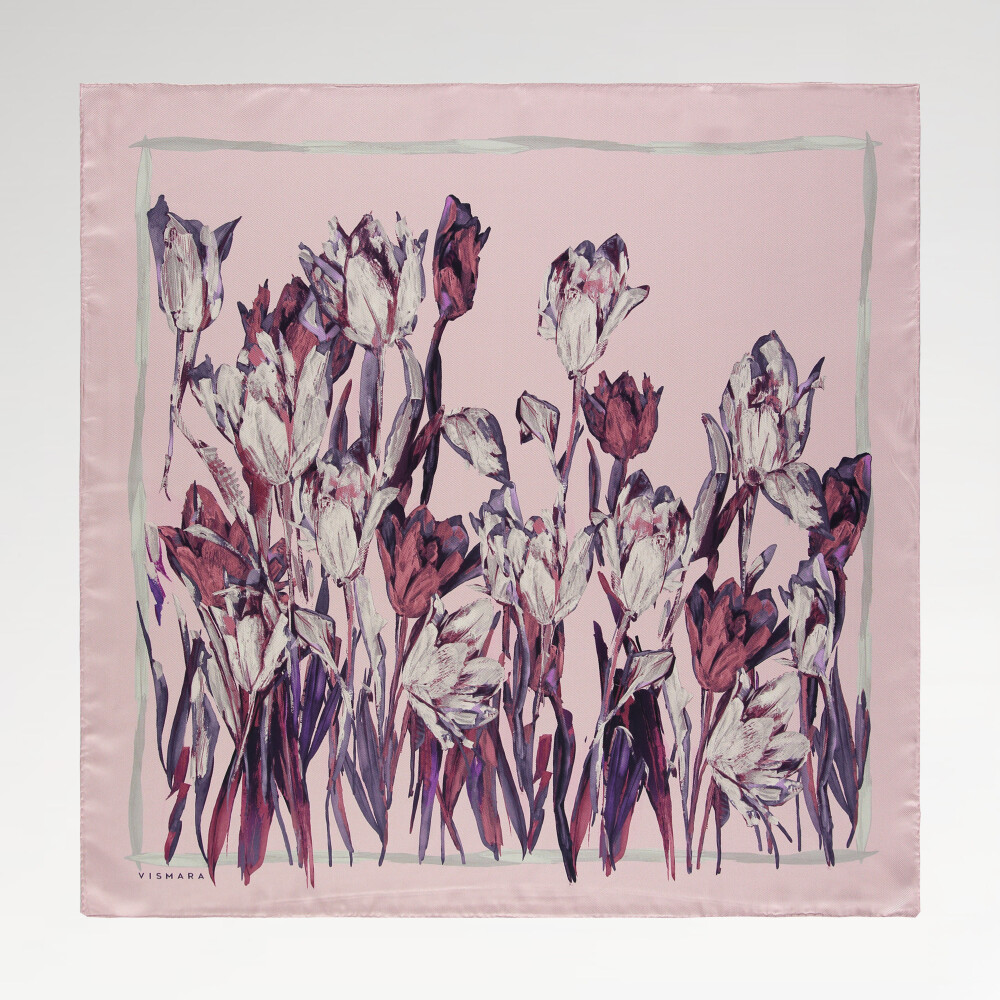 Powder Tulip Garden Pattern Twill Silk Square Scarf