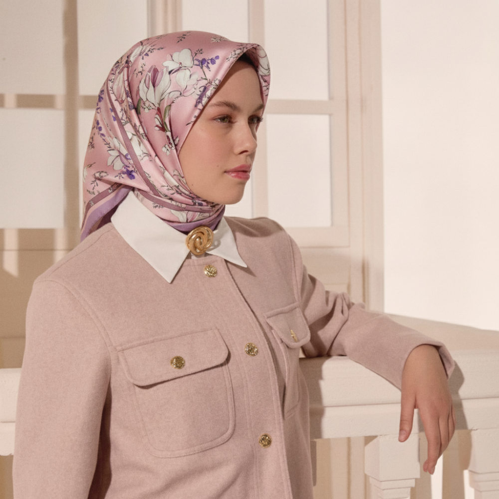 Pudra Bahçe Armonisi Desen Twill İpek Eşarp - 3