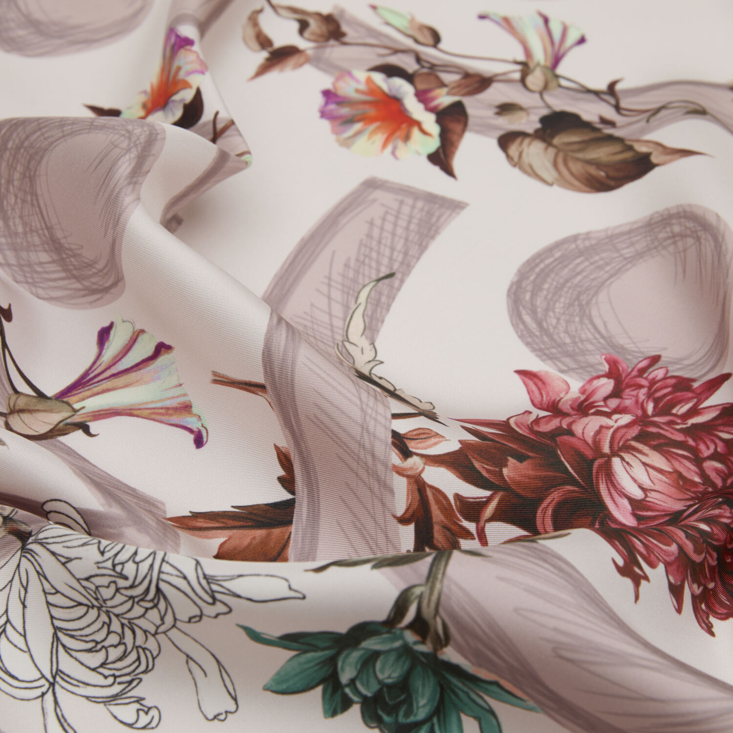 Pudra Çiçeklerin Büyüsü Desenli Twill İpek Eşarp - 2