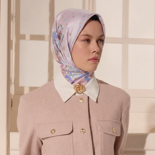Pudra Foglia Lieve Desen Twill İpek Eşarp - Vismara