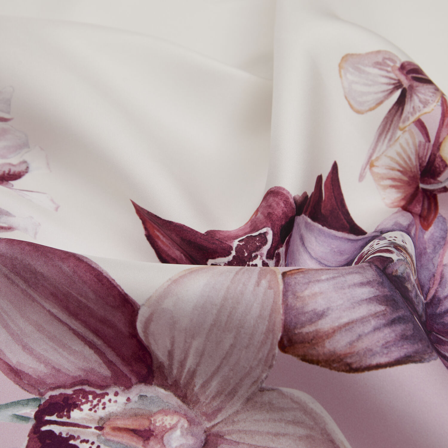 Pudra Orkide Çiçeği Desenli Twill İpek Eşarp - 2