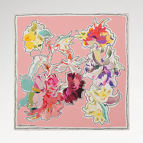 Pudra Pembe Soyut Flora Desenli Twill İpek Eşarp