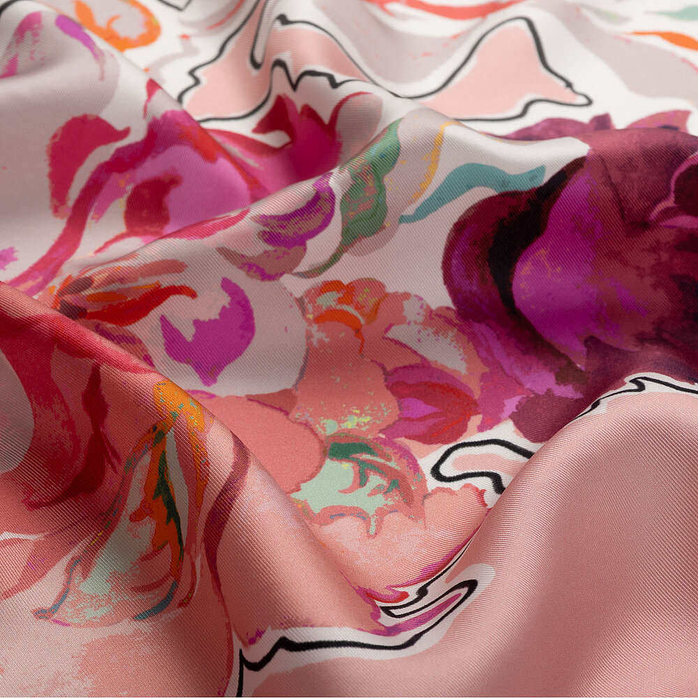 Pudra Pembe Soyut Flora Desenli Twill İpek Eşarp - 2