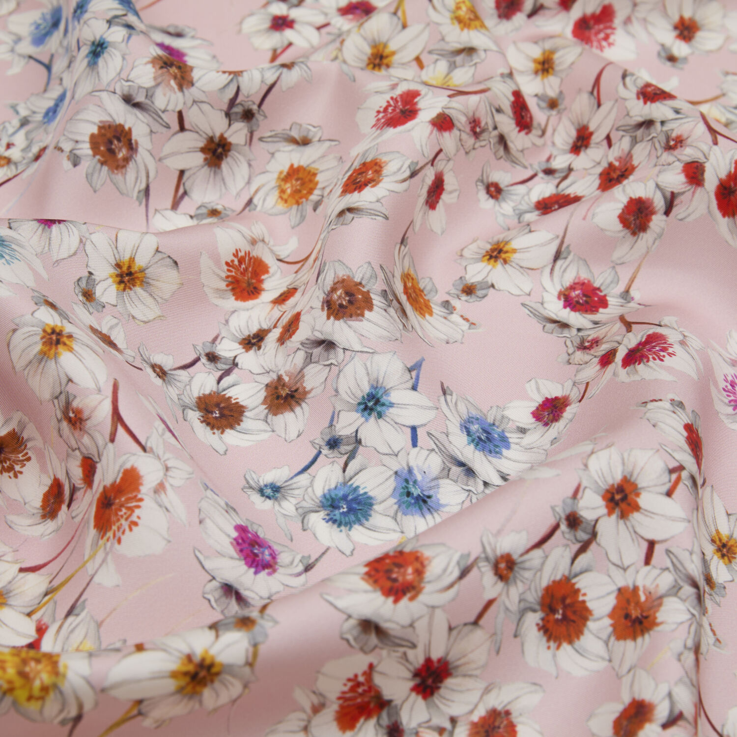 Pudra Sulu Boya Çiçek Deseni Twill İpek Eşarp - 2
