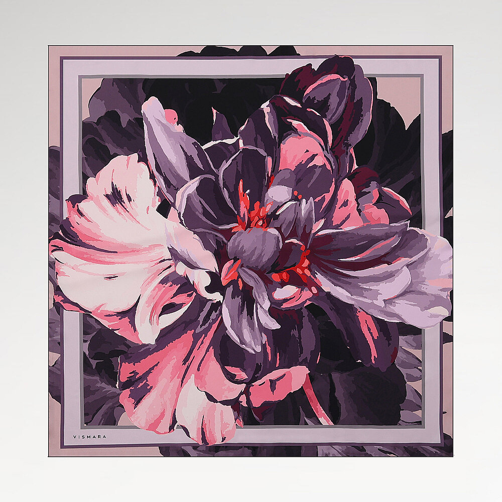 Purple Peony Patterned Twill Silk Square Scarf - 1