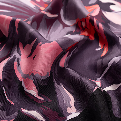 Purple Peony Patterned Twill Silk Square Scarf - Vismara