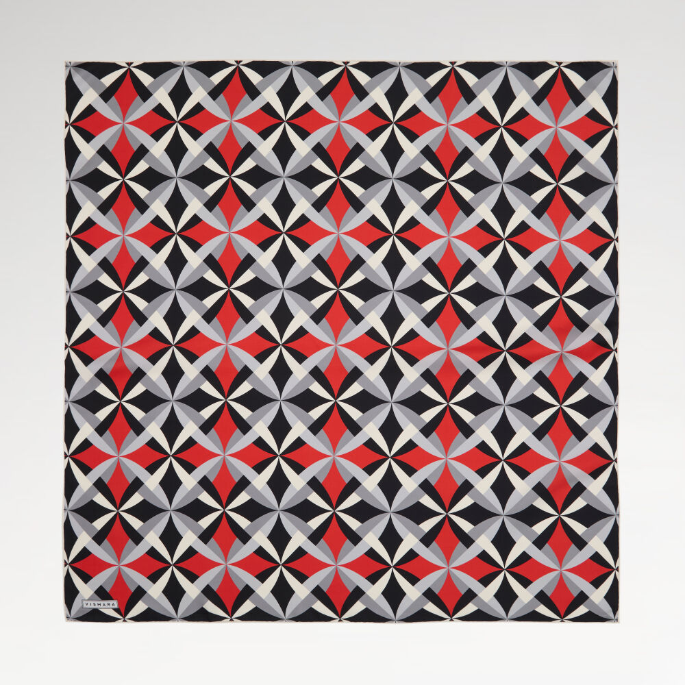 Red Antique Mosaic Patterned Twill Silk Square Scarf