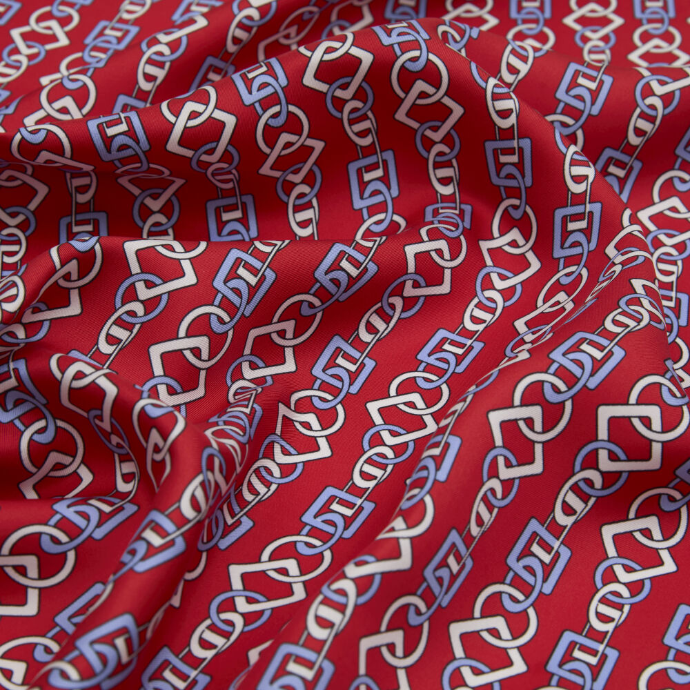 Red Chain Motif Patterned Twill Silk Square Scarf - Vismara