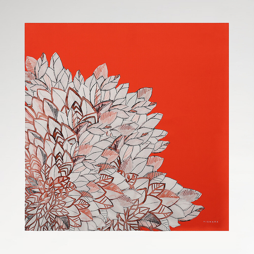 Red Floral Leaf Pattern Twill Silk Square Scarf - 1