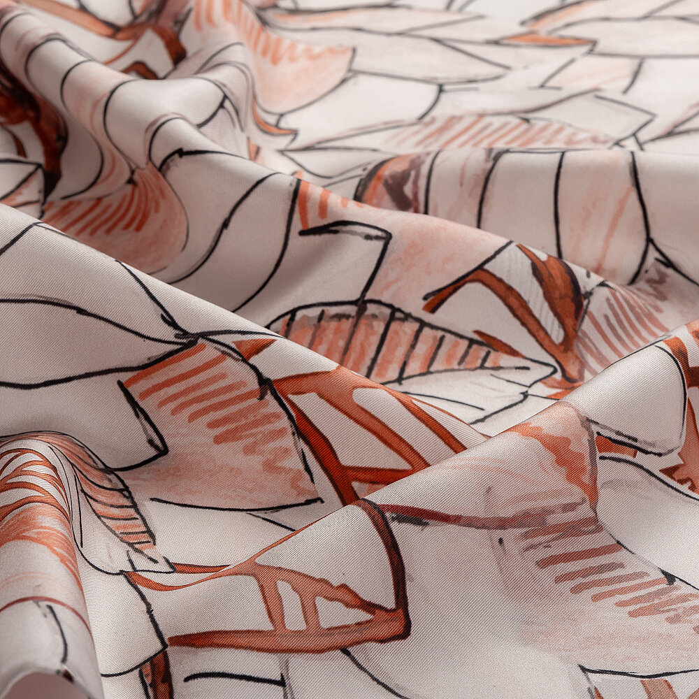 Red Floral Leaf Pattern Twill Silk Square Scarf - 2