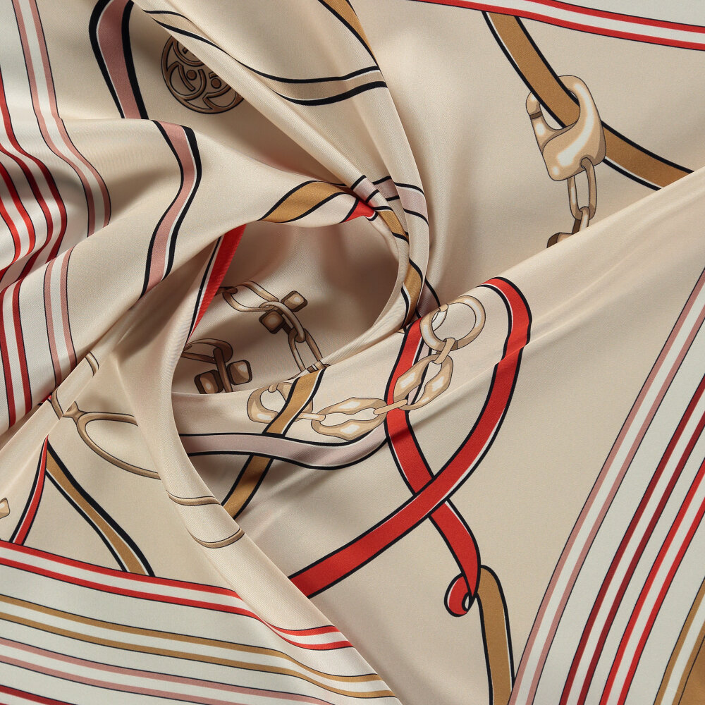 Red Monogram and Chain Patterned Silk Square Scarf - 2