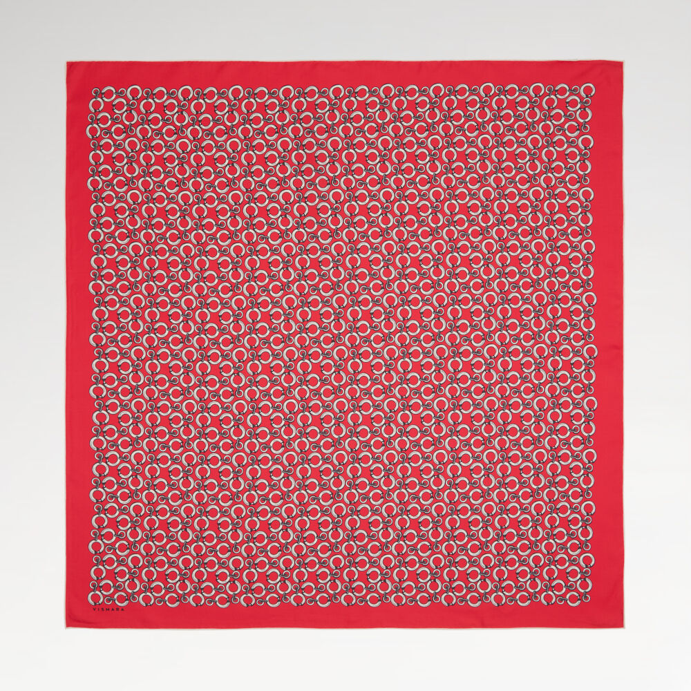 Red Ring Chain Pattern Twill Silk Square Scarf