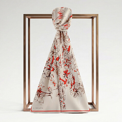 Red Toile Garden Pattern Silk Scarf - Vismara