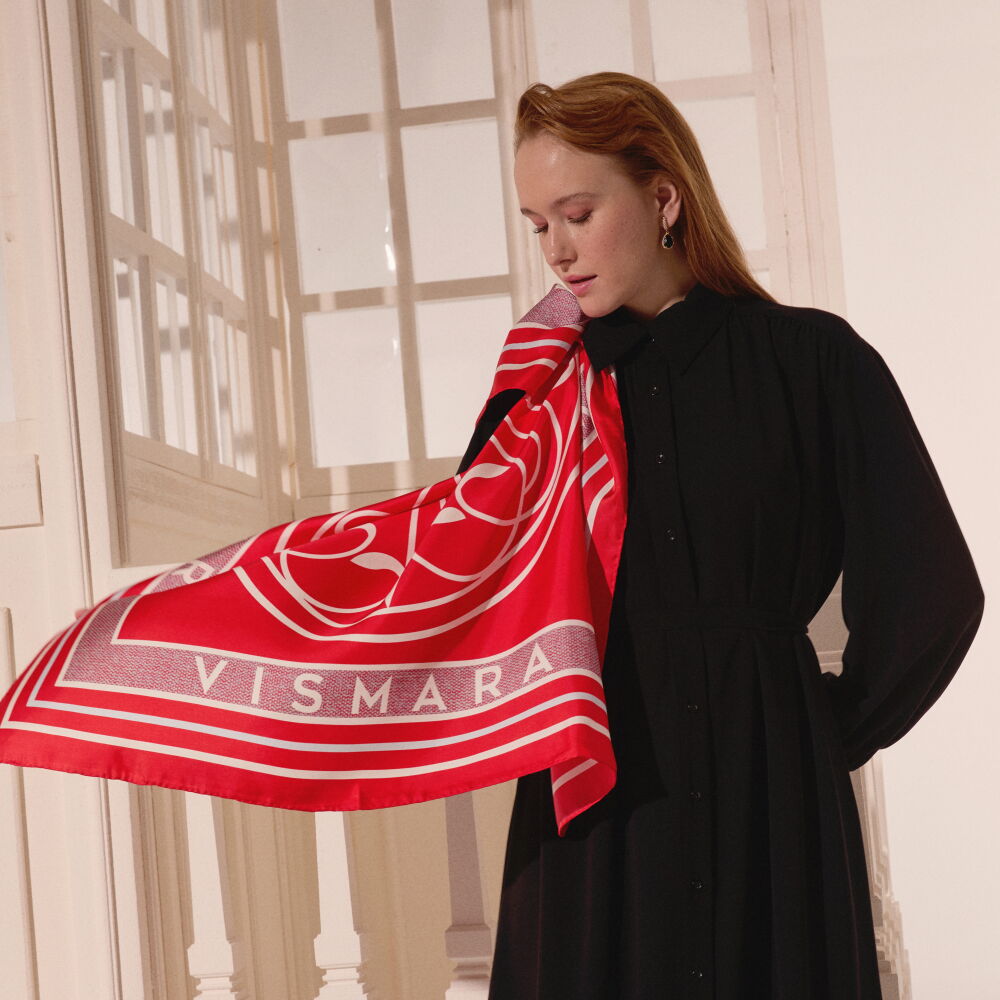 Red Vismara Swan Pattern Twill Silk Square Scarf - Vismara