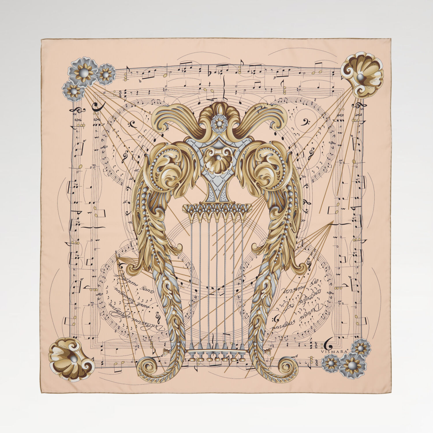Salmon Antique Lyre Pattern Twill Silk Square Scarf - 1