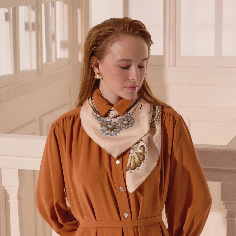 Salmon Antique Lyre Pattern Twill Silk Square Scarf - Vismara