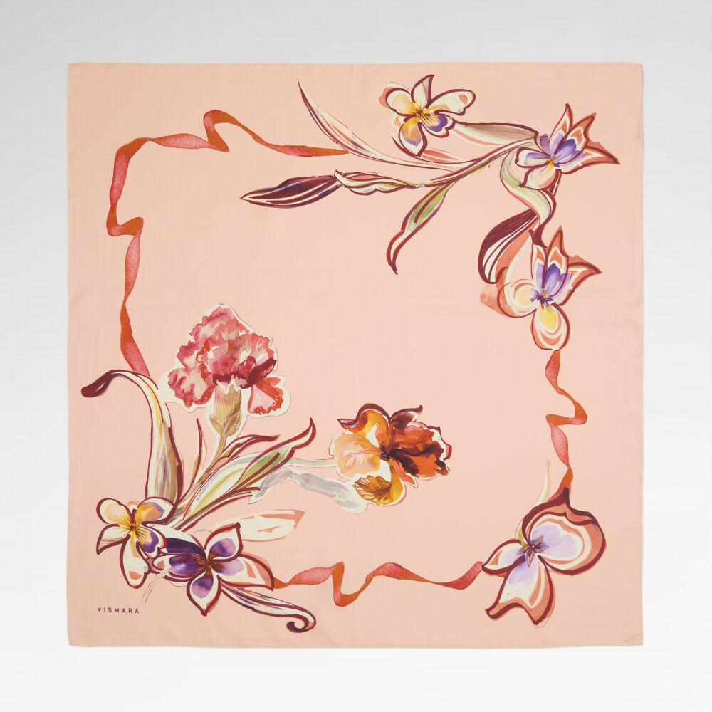 Salmon Carnation and Lily Flower Patterned Twill Silk Square Scarf