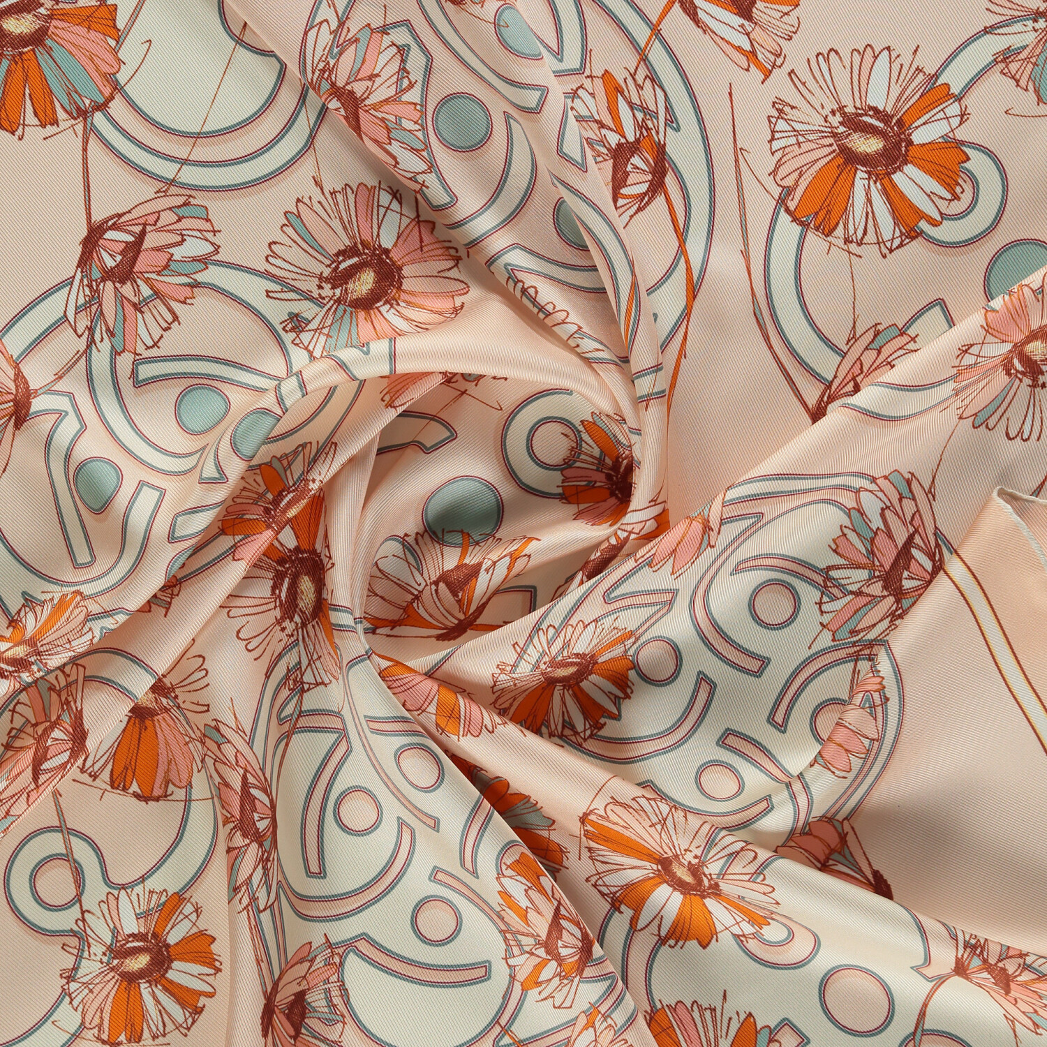 Salmon Daisyne Pattern Twill Silk Square Scarf - 2