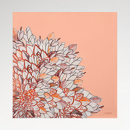 Salmon Floral Leaf Pattern Twill Silk Square Scarf