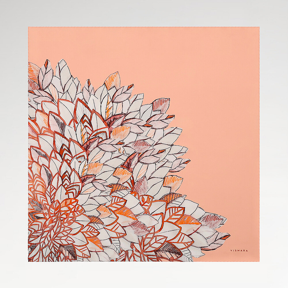 Salmon Floral Leaf Pattern Twill Silk Square Scarf - 1