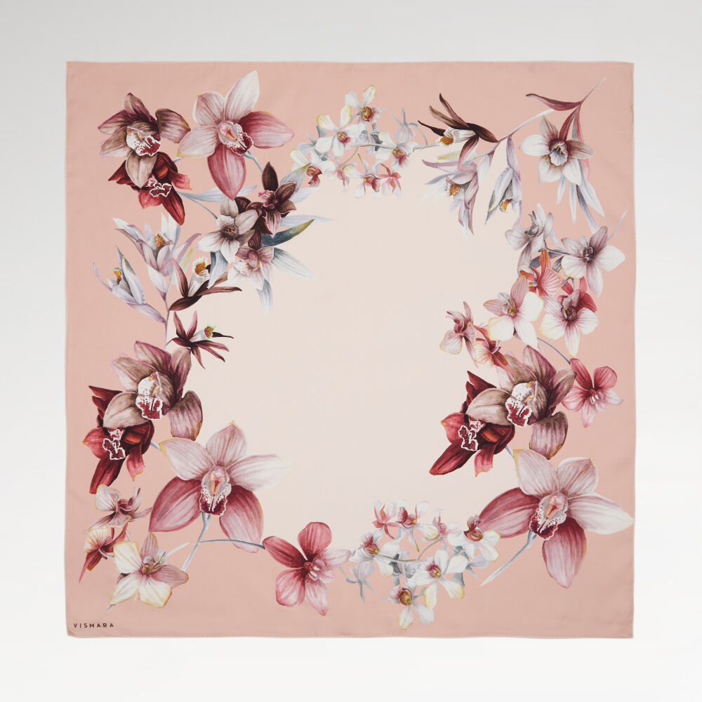 Salmon Orchid Flower Patterned Twill Silk Square Scarf