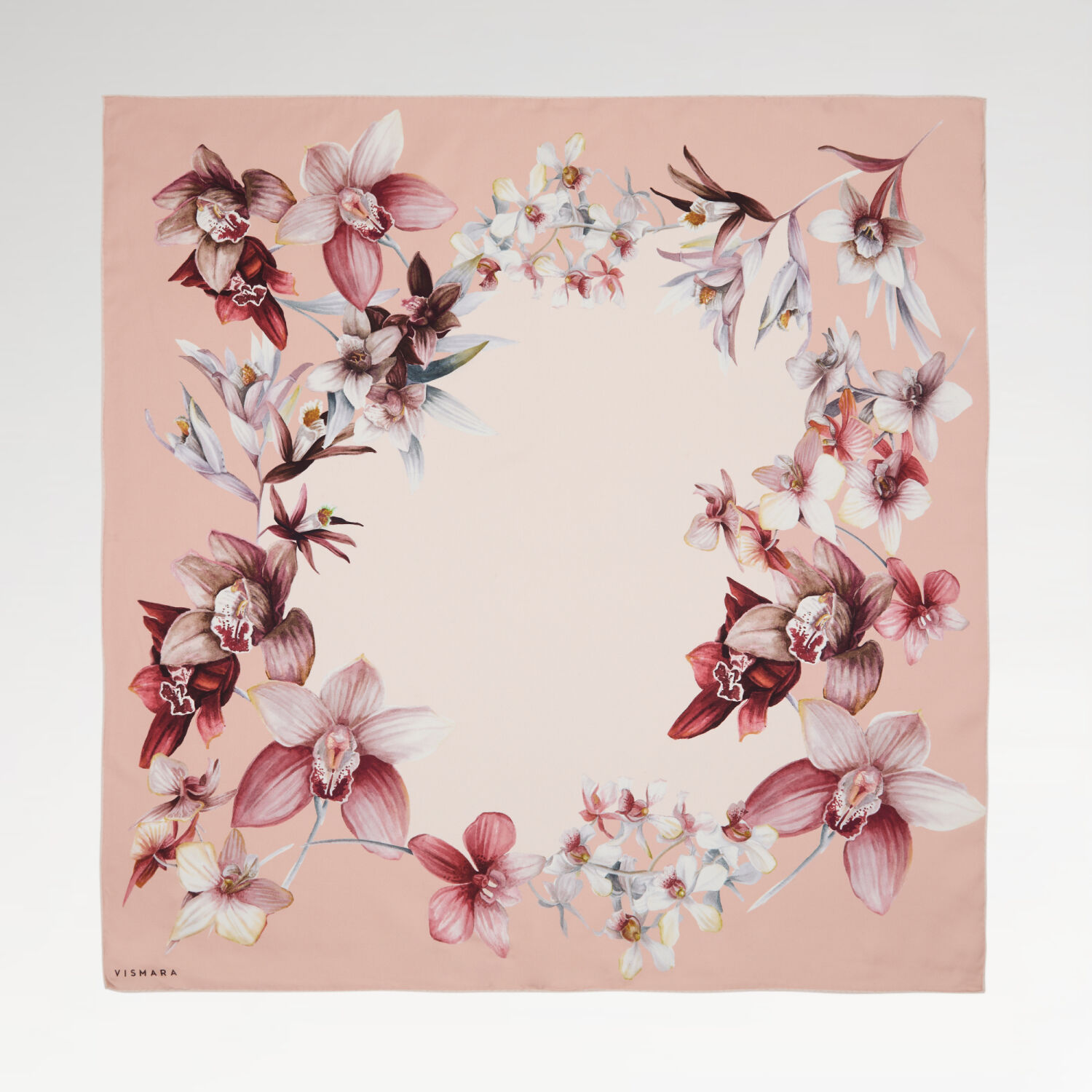 Salmon Orchid Flower Patterned Twill Silk Square Scarf - 1