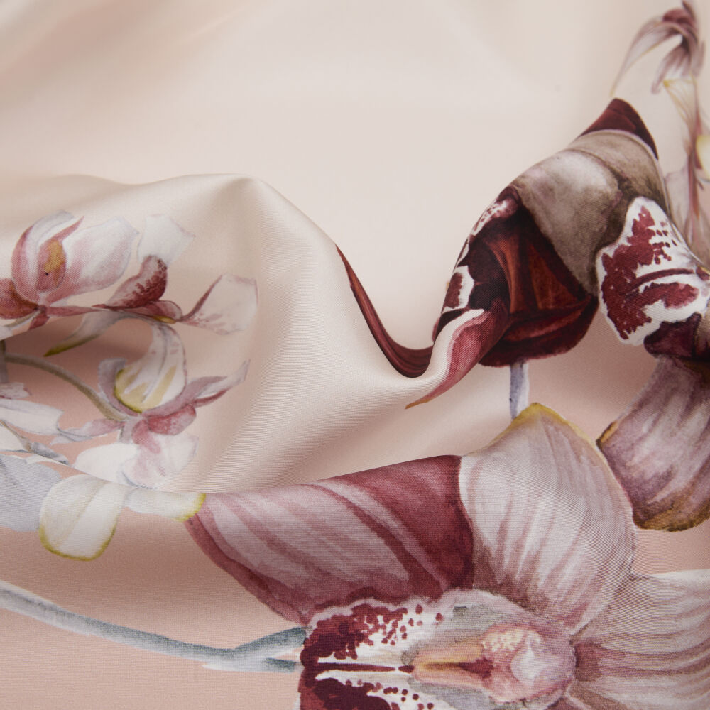 Salmon Orchid Flower Patterned Twill Silk Square Scarf - Vismara