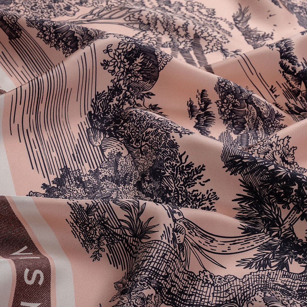 Salmon Toile Garden Pattern Twill Silk Square Scarf - 2