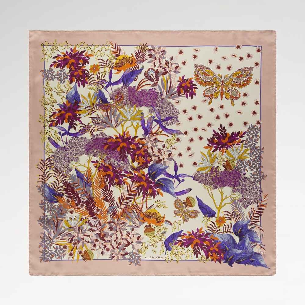 Salmon Tropical Butterfly Pattern Twill Silk Square Scarf