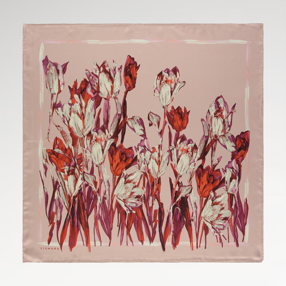 Salmon Tulip Garden Pattern Twill Silk Square Scarf