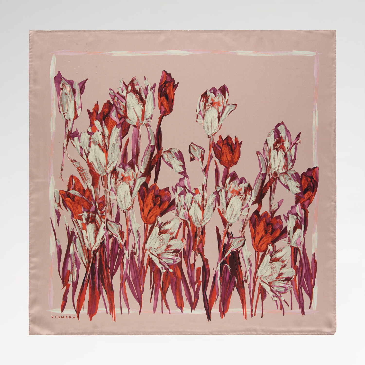 Salmon Tulip Garden Pattern Twill Silk Square Scarf - 1