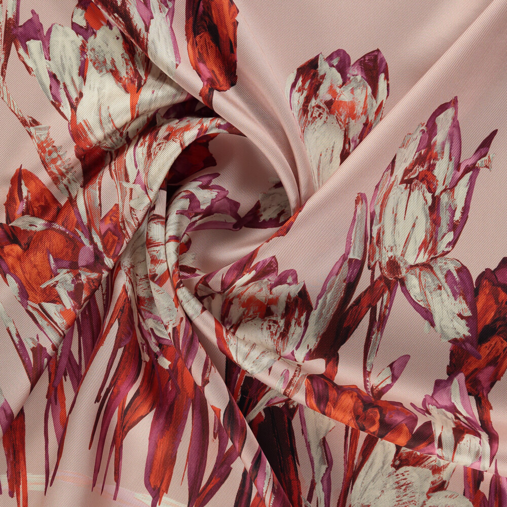 Salmon Tulip Garden Pattern Twill Silk Square Scarf - Vismara