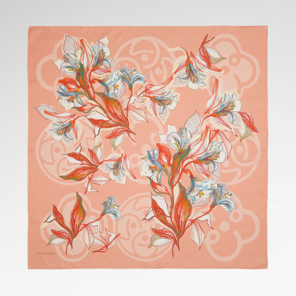 Salmon Vismara Monogram Lily Flower Pattern Twill Silk Square Scarf