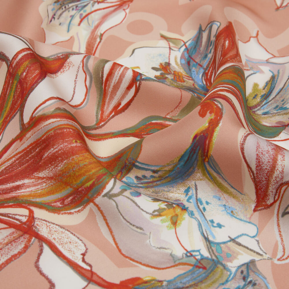 Salmon Vismara Monogram Lily Flower Pattern Twill Silk Square Scarf - Vismara