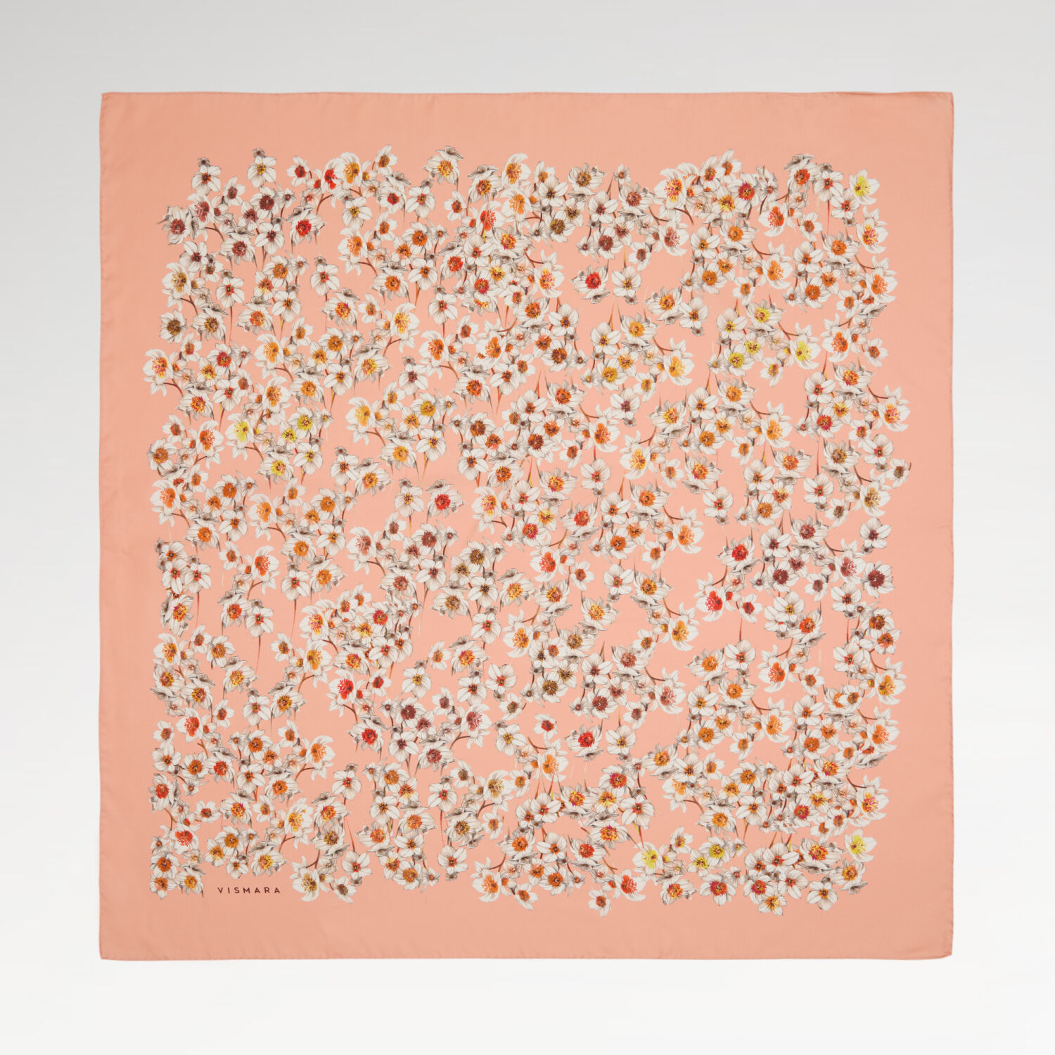 Salmon Watercolor Floral Pattern Twill Silk Square Scarf - 1